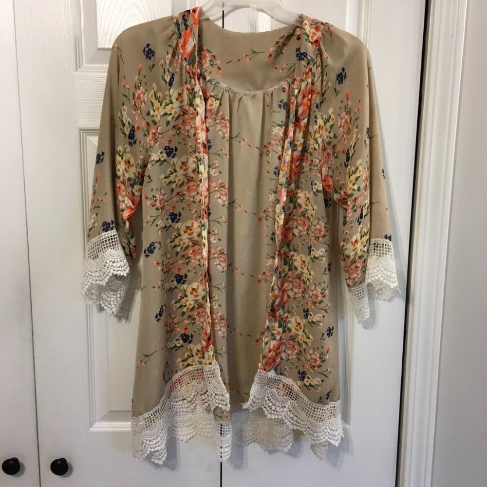 Tan And Floral Sheer Cardigan With White Eyelet Hem